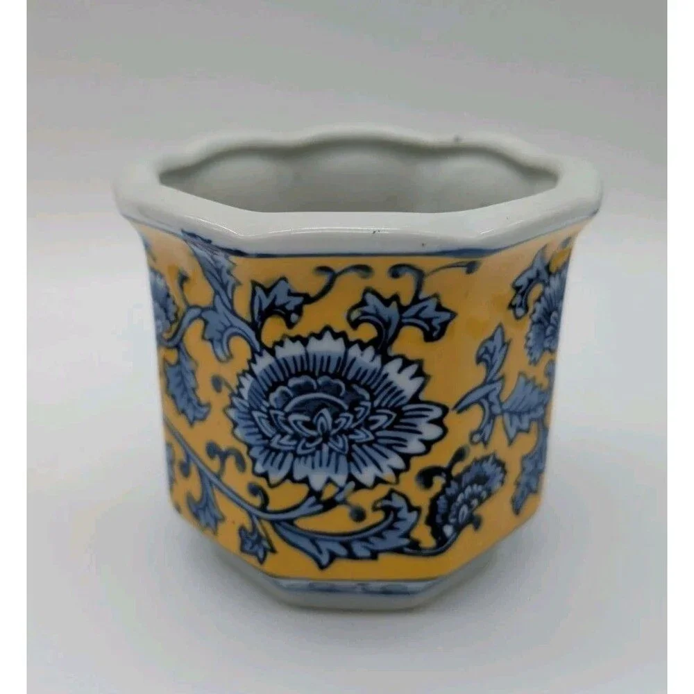Vtg Chinese Yellow & Blue Floral Planter Octagonal Small